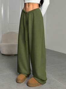 SHEIN EZwear 女士休闲运动裤，简约时尚日常穿着 - 軍綠色 - 查看 3