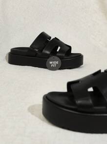 SHUZIA Wide Fit Women's Luxury Harness Cutout Open Toe Platform Pu Black Slide Sandals –Plus Size Comfortable, Slip-On, Essential Mother's Day Present