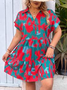 SHEIN VCAY Abito casual con stampa all-over e maniche a pipistrello, per taglie forti, adatto per le vacanze - Multicolore - Visualizzare 3