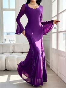 Modelyn Vestido lila de mujer elegante con mangas acampanadas y volantes en el bajo