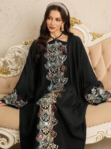 Layrah Women's Elegant Sequined Embroidered Batwing Sleeve Turkish Maxi Dress, Kaftan & Jalabiya, Luxury Evening Dresses For Women - Burgundy - View 3