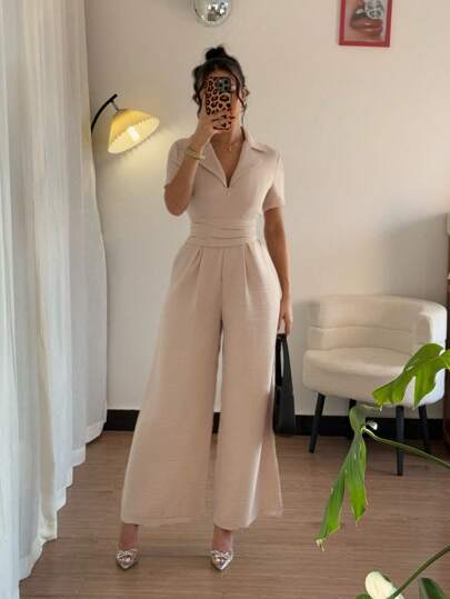 Islaluna Women's Casual Khaki Jumpsuit With Drawstring Waist And Short Sleeves, Fitted