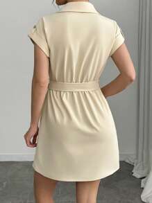 Chiquease Women's Solid Color Short Sleeve Single-Breasted Pocket Casual Shirt Dress