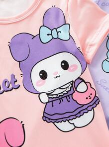 Baby Girl Cute Cartoon Rabbit Print Nightgown Set - Multicolor - View 3