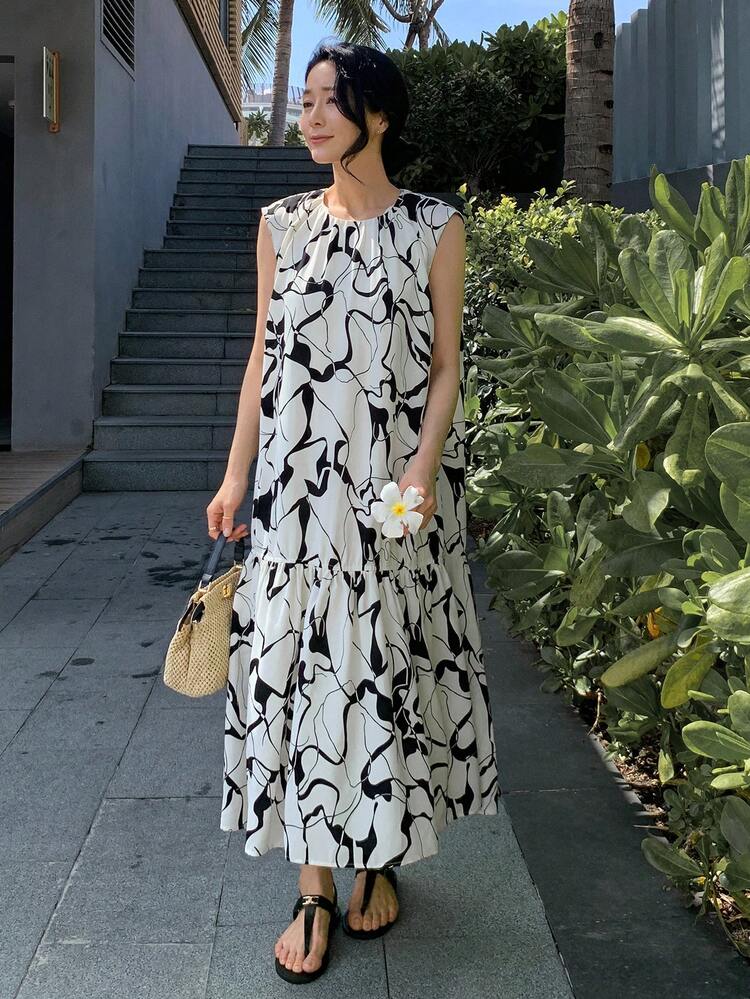 Elegant Loose Sleeveless Long Dress For Women, Vacation Style Floral