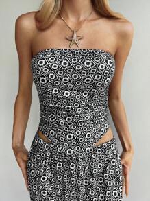 Forever 21 Holiday Boho Black And White Printed Strapless Top Casual Pants - Black and White - View 5