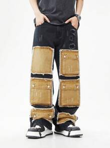 ROMWE MEN Street Life Men's Cargo Loose Fit Casual Jeans With Multiple Pockets - Black - View 4