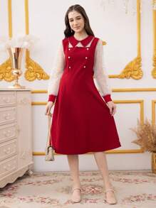 Teen Girl Polka Dot Mesh Patchwork Long Sleeve Button Design Fashion Dress - Burgundy - View 3