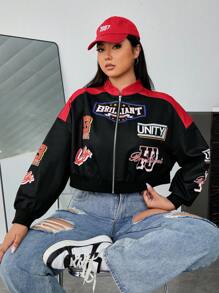 SHEIN EZwear 大码女式彩色块字母印花短款夹克 - 紅色 - 查看 3