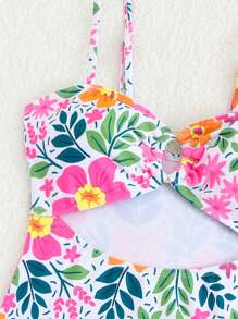 Tween Girl 度假植物印花镂空细肩带连体泳衣带罩衫裙套装，海滩装 - 彩色 - 查看 5