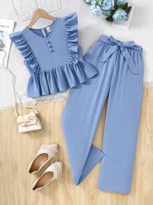 SHEIN Leap Crew Tween Girls Chiffon Ruffle V-Neck Blouse With Bowknot And Wide Leg Pants 2 Pieces Set, Casual Blue, Suitable For Spring Outings, Countryside, Garden Tea, Fashionable Outings, Back To School
