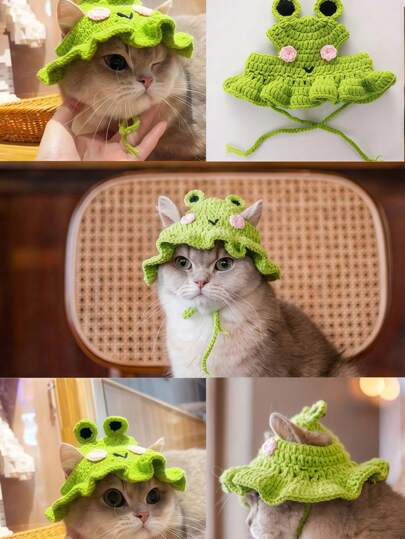 1pc Hand Knitting Design Knitted Pet Hat,Cute Cartoon Cat Cap - Delicate Pet Headgear For Small Dogs And Cats