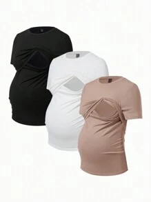 Modmama Pregnant Women Versatile Solid Color Short Sleeve Nursing T-Shirt, Short Sleeve Top - Khaki - View 7