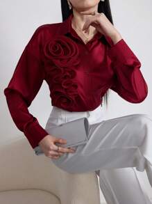 Modelyn 优雅纯色贴布长袖女式衬衫 - 酒紅色 - 查看 4