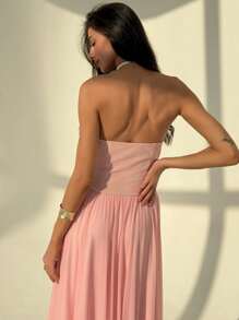 Aloruh Romantic Strapless Floral Decor Form-Fitting Long Dress For Ladies - Baby Pink - View 6