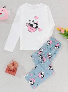Ensemble de pyjama à col rond imprimé panda mignon pour adolescentes