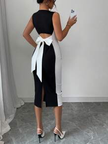 Selianne Women's Hollow-Out Bowknot Back Black & White Contrast Square Neck Sleeveless Long Dress, Elegant Casual, Spring/Summer - Black and White - View 5