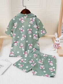 2pcs Young Girl' Cute Rabbit Print Casual Open Front Collared Short Sleeve Top And Shorts Loungewear Set - Green - View 2