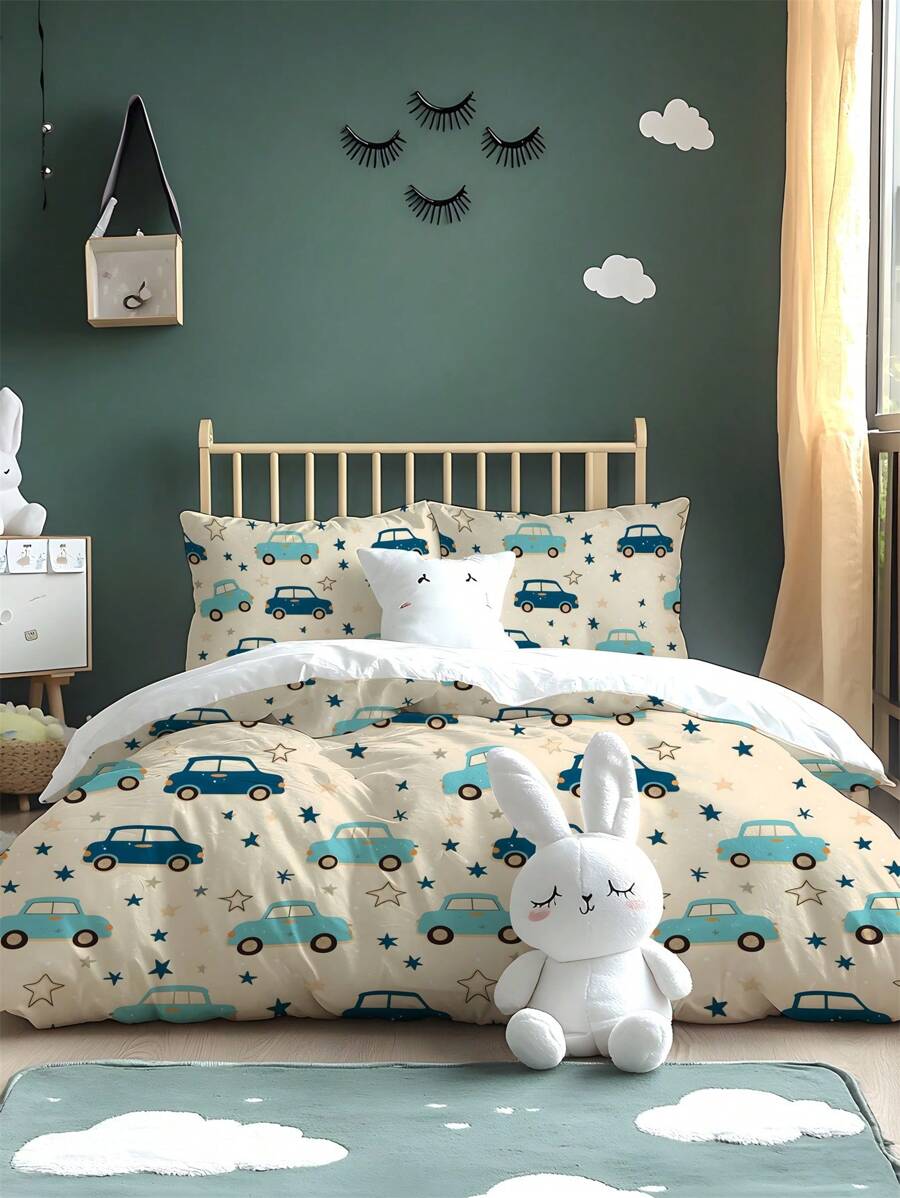2/3pcs Cute Cartoon Car & Star Pattern Printed Washed Microfiber Bedding Set, Soft & Comfortable, Suitable For Bedroom, Guest Room, Children's Room, Parent-Child, Hotel, School Dormitory (Including Pillowcase) - Multicolor - View 1