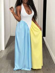 BamGleam 度假休闲性感挂脖露背 V 领无袖撞色拼接设计连衣裙女装夏季新款性感时尚修身百褶长款夏季长裙舒适连衣裙女式休闲太阳裙 - 彩色 - 查看 6