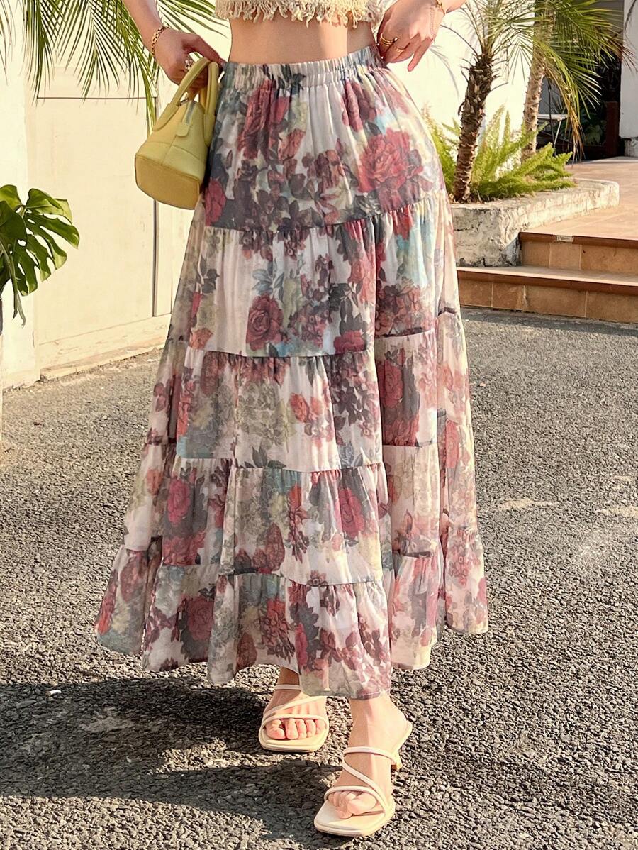 DAZY 女士休闲碎花长裙度假装扮 - 紅色 - 查看 1