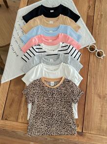 SHEIN 8pcs Babygirl Summer Versatile Knitted Leopard, Stripe & Solid Color Short Sleeve Tops - Multicolor - View 5