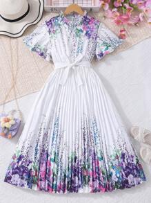 SHEIN Tween Girl Digital Floral Print Ruffle Hem Pleated Elegant Dress, With Short Sleeves, Ruffle Collar & Waist Belt,Holiday,Summer,Travel - White - View 1