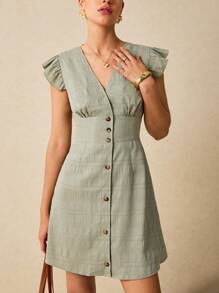 SHEIN Frenchy 女式夏季纯色 V 领蝴蝶袖 A 字迷你连衣裙，泡泡纱绉布面料，夏季