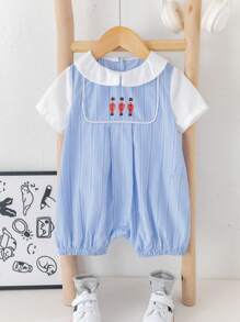 Bộ đồ liền thân sọc xanh sọc đơn giản mùa hè dễ thương cho bé trai sơ sinh, thích hợp cho tiệc sinh nhật, dạ hội, biểu diễn, đám cưới, lễ kỷ niệm một tháng, lễ rửa tội và sinh nhật lần thứ 1, tiệc mừng em bé - Nhiều màu - Xem 4