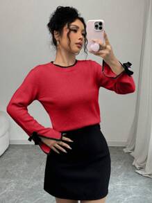 Chiquease 2024 秋冬新款时尚别致设计开袖 3D 蝴蝶结撞色边针织毛衣针织套头衫秋季