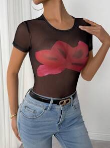 Chiquease 女士图案印花圆领短袖网眼 T 恤