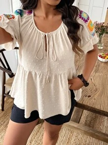 SHEIN Clasi Casual Crochet Patchwork Short Sleeve Plus Size Shirt - Apricot - View 4