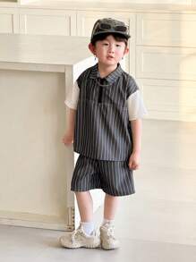 SHEIN Leap Crew 2 Packs Young Boys Boys' Casual Sports College Art Retro Japanese And Korean Loose-Fitting Striped 2 In 1 T-Shirt And Shorts Set Suitable For Kids Outfits Young Boy Clothes Back To School Boys Set Suitable For Birthday Parties, Evening Parties, Performances, Weddings, Baptisms, Opening Ceremonies, Daily Suitable For Daily Use Suitable For School Suitable For Travel Suitable For Sports Suitable For Spring And Summer Seasons - Black - View 6