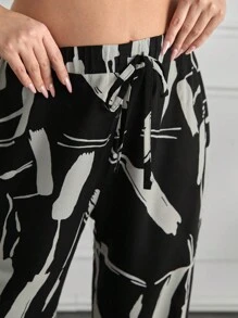 SHEIN Cottnline Plus Women Wide Leg Pants Allover Print With Pocket And Drawstring - Black and White - View 6