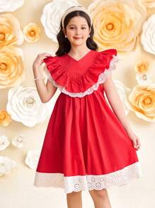 SHEIN Tween Girl Elegant Lace Trim Ruffle Collar Short Sleeve Dress - Red - View 3