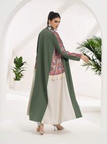 Al Najma Conservative Casual Color Block Print Patchwork Tassel Decorated Women's Arabian Abaya, Modest Robe - Green - View 6