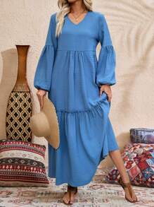 EMERY ROSE Women's Solid Color V-Neck Long Sleeve Pleated Casual Long Dress Vacation Outfits Woman