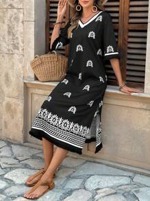 EMERY ROSE Women's Floral Print V-Neck Short Sleeve Loose Mid-Length Dress, Suitable For Vacation - Multicolor - View 3