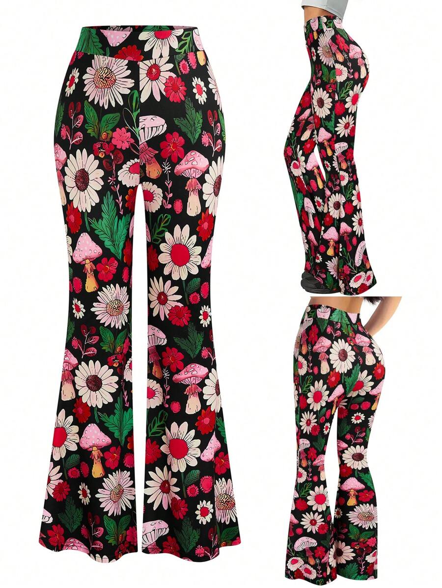 SHEIN LUNE 大码女式数码植物印花修身喇叭裤