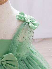 SHEIN 女婴植绒网眼薄纱派对礼服，节日/派对/洗礼休闲可爱连衣裙，适合拍摄，秋冬季 - 綠色 - 查看 3