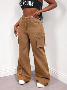 SHEIN Slayr Celana Jeans Wanita Model Flare dengan Kantong Kargo, Kasual, dan Serbaguna - Coklat - View 6