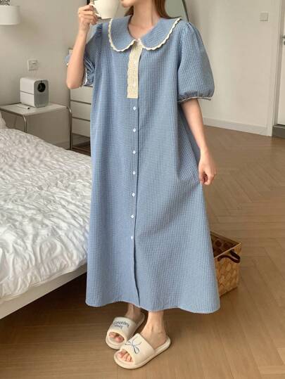 DAZY 甜美格子撞色荷叶边装饰彼得潘领泡泡袖女士睡袍睡衣，Moo Moo