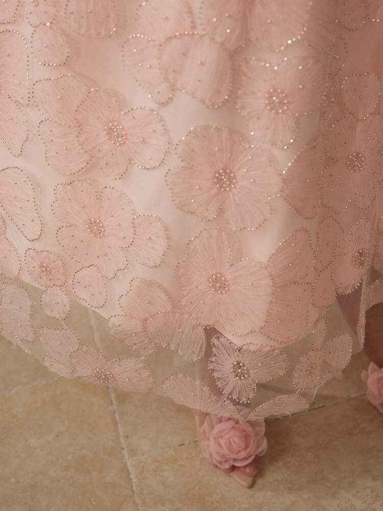 CONTRAST MESH FLORAL PATTERN TUBE DRESS