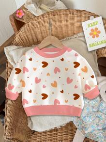 SHEIN Cute Pink Heart Print, Beige Baby Girl Casual Minimalist Loose Fit Round Neck Soft Knit Pullover Sweatshirt - Multicolor - View 2
