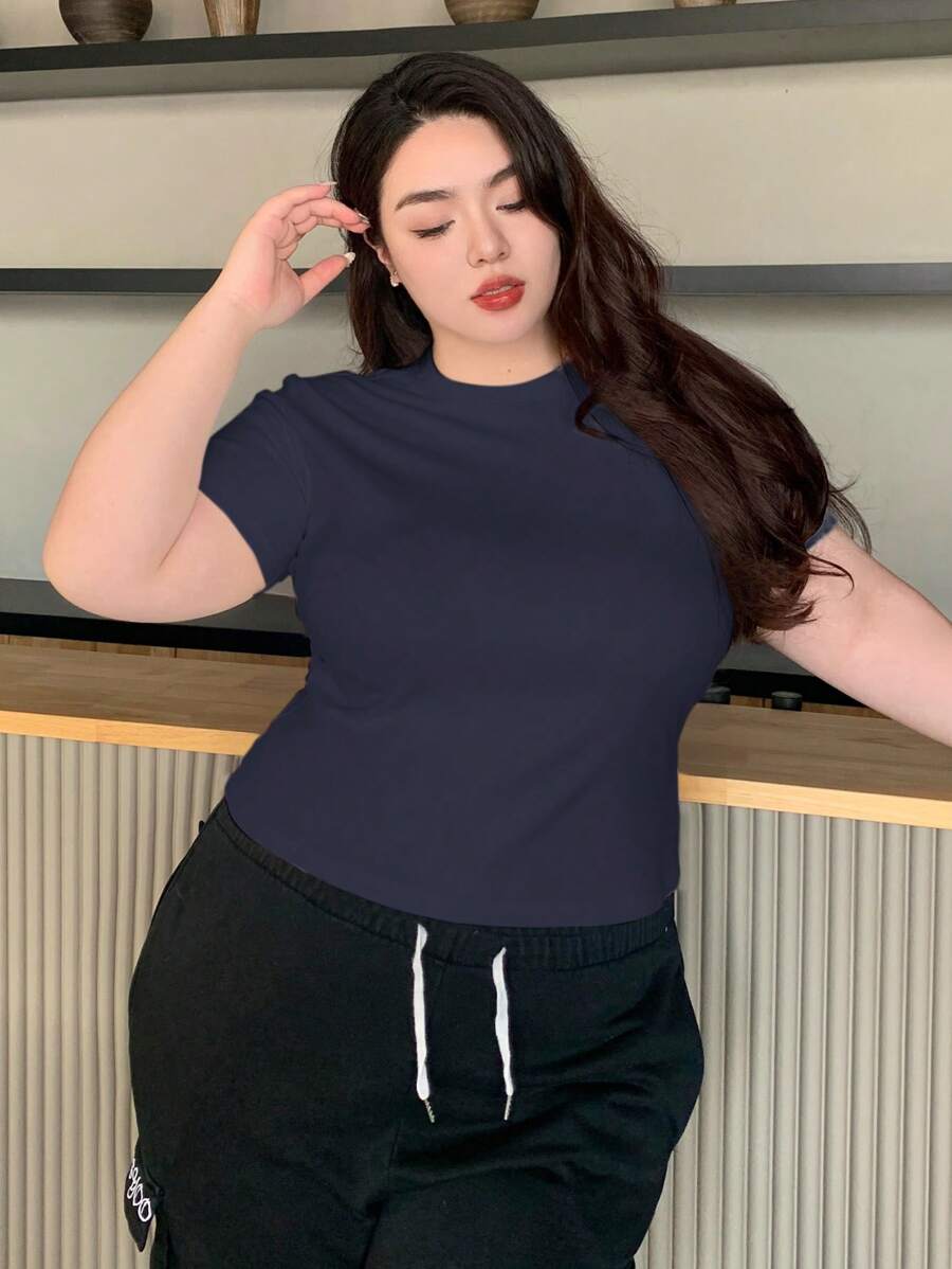 Dazy Plus Plus Size Women's Short Sleeve Casual Solid Color Basic Fitted Crew Neck T-Shirt Summer,Crop Tops Women Preppy Tops - Navy Blue - View 1
