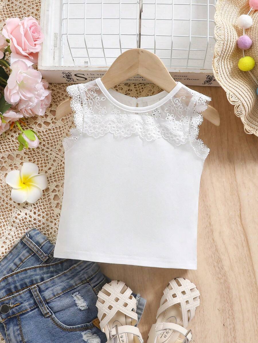 SHEIN Cute Babygirl Patchwork Knit And Mesh Blouse, Versatile For Summer - White - View 1