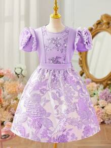 2pcs/Set Tween Girls Solid Color Patchwork 3D Floral Decor Top And Skirt - Multicolor - View 1
