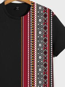 Manfinity VCAY Camiseta de manga corta casual de punto con estampado bohemio y ajuste regular, apropiada para uso diario en verano, para hombres
