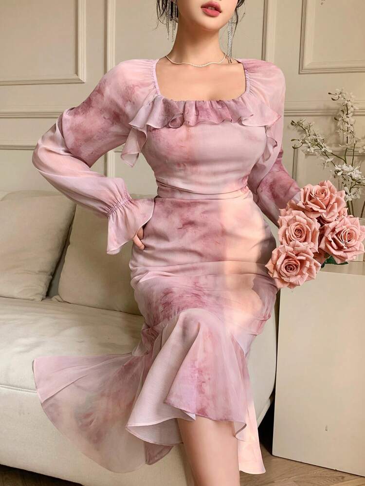 Floral Mesh Spaghetti Strap Ruffle Slit Midi Dress For Women Prom Dress,Fall Dress Long Sleeve Dress Elegant Women Dresses