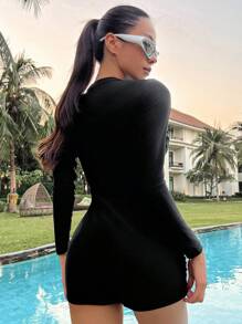 DAZY 1pc Women Solid Color Long Sleeve Rashguard & Wetsuit, Summer Beach Vacation